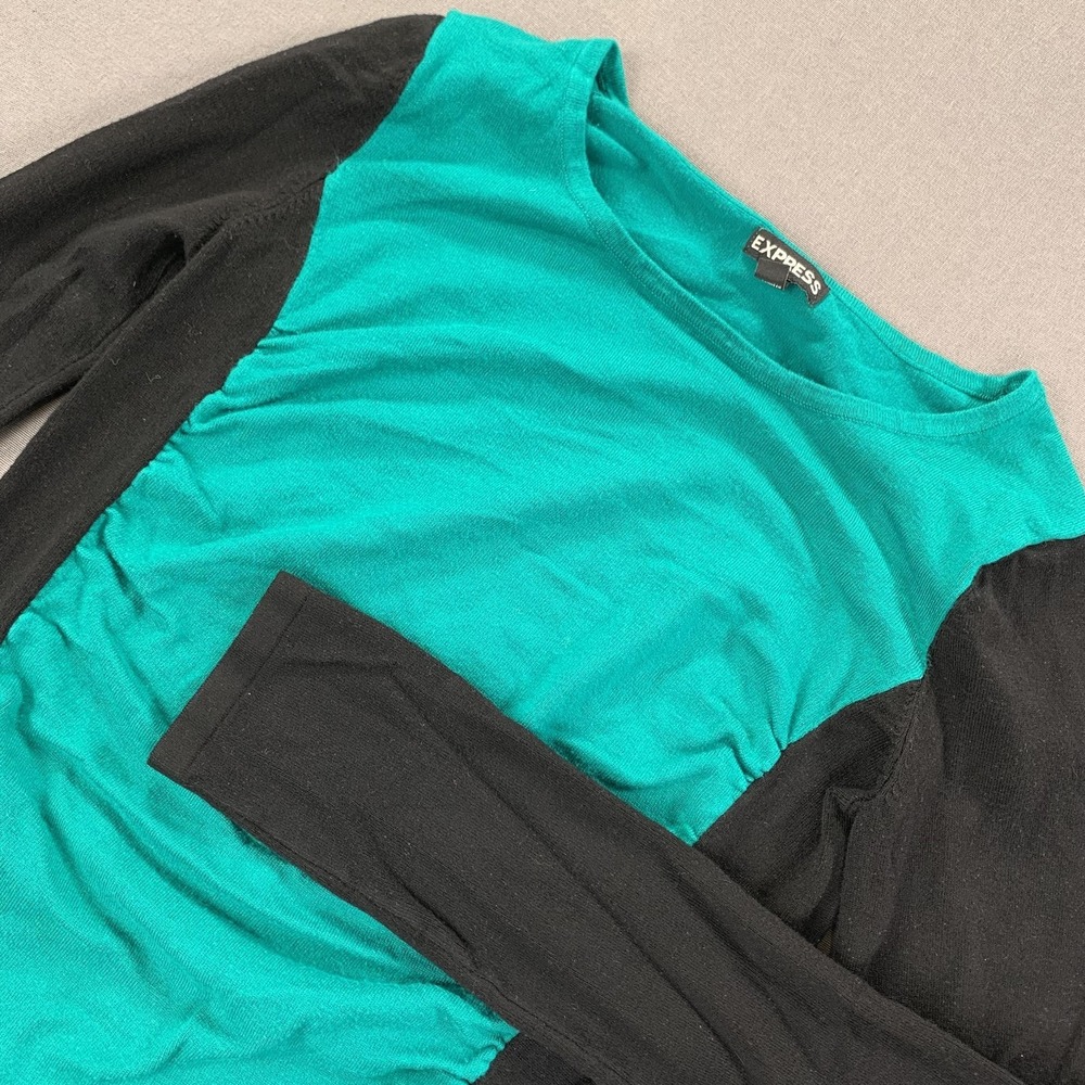 Express Dress Womens Medium Teal Black Ruched Colorblock Long Sleeve Bodycon
